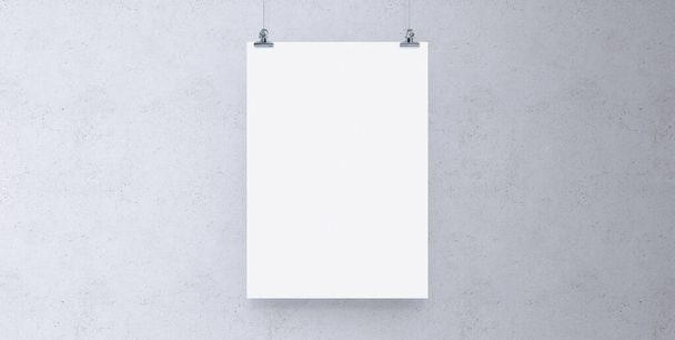 Leeres weißes Papier, das an einer Ziegelwand hängt. Posterclips leere Vorlage-Attrappe. - Foto, Bild