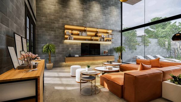 3d rendering. Interior house modern open living space with kitchen.Loft style Duplex  residence .Home decoration luxury  interior-exterior design.table console decoration object. - Photo, Image