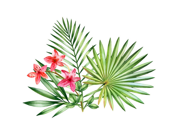Aquarell tropischer Strauß. Blumengesteck mit kleinen Orchideenblüten und großen Palmblättern. Farbenfrohe exotische Pflanzen isoliert auf weiß. Botanische handgezeichnete Illustration - Foto, Bild