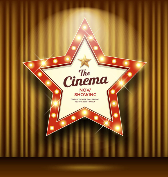 Cinema Theater sign star shape gold curtain light up banner design background, vector illustration - Vector, Image