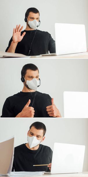 collage of operator in medical mask and headset showing thumbs up and waving hand while having video call at home - Photo, Image