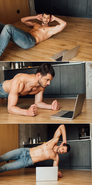 collage of muscular man working out while watching online training on laptop  - Photo, Image