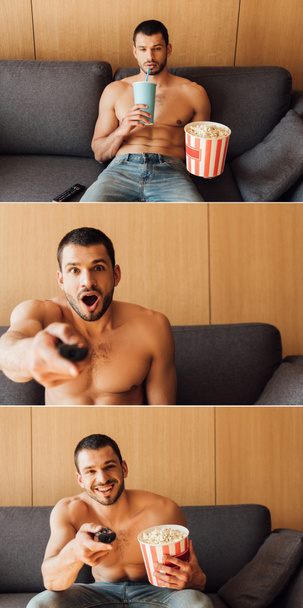 Коллаж эмоционального и безрубашечного мужчины, смотрящего кино, держащего ведро попкорна и пьющего газировку
 - Фото, изображение