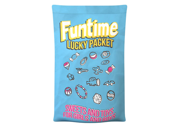 A concept design resembling a classic vintage childrens lucky packet displaying illustrations of possible toys inside on an isolated white background - 3D render - Photo, Image