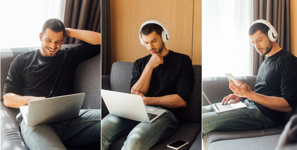kollázs boldog szabadúszó vezeték nélküli fejhallgató segítségével laptop és okostelefon otthon - Fotó, kép