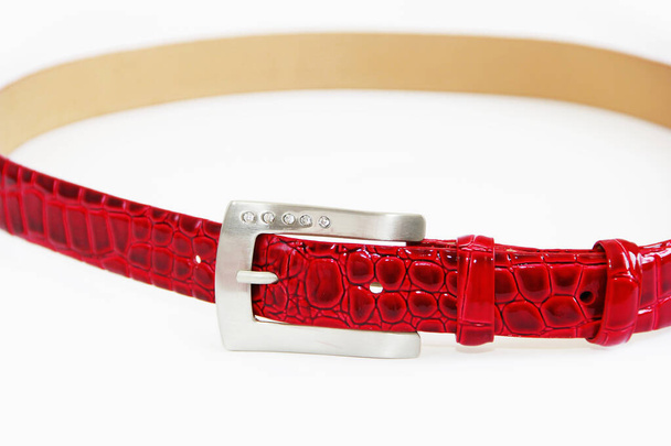 Roter Gürtel aus Krokodilleder für Frauen mit Metallschnalle auf weißem Hintergrund - Foto, Bild