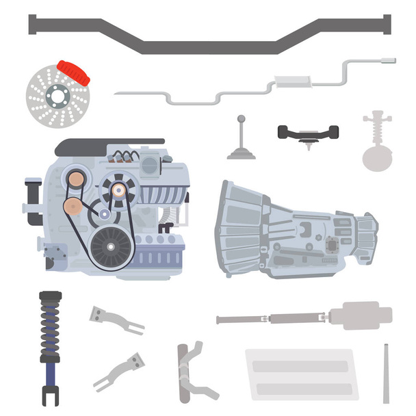 Conjunto de piezas del chasis del coche con motor de combustión interna y piezas de sistemas de transmisión. Ilustración vectorial plana aislada sobre fondo blanco
. - Vector, imagen