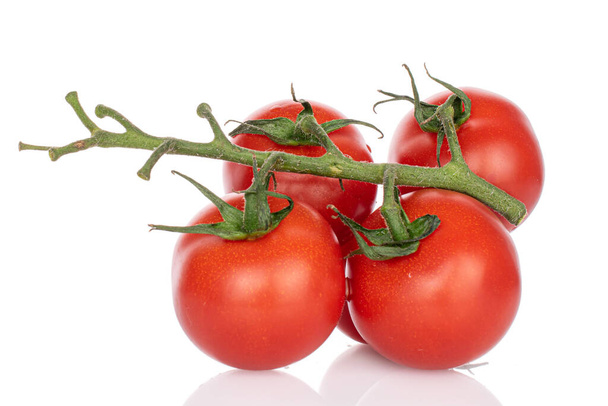 Group of four whole fresh red cherry tomato on vine isolated on white - Fotoğraf, Görsel