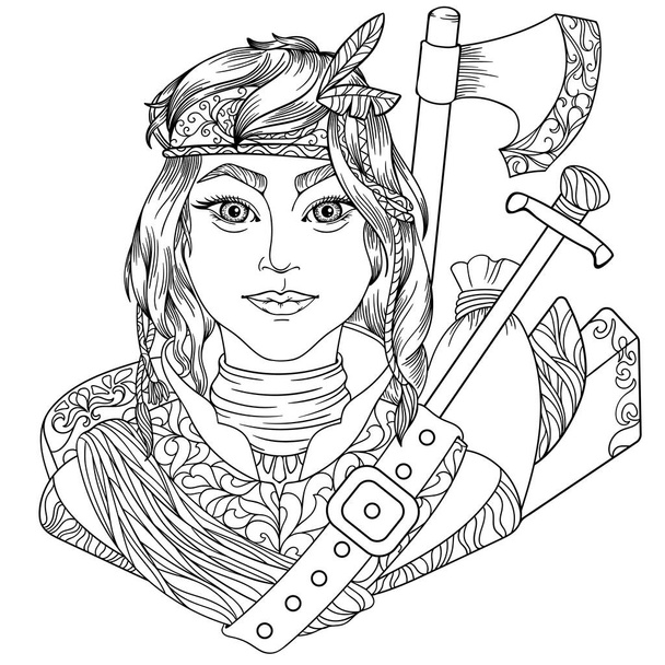 Coloring page for adults anti stress with beautiful girl hunter fantasy characters with black and white background - Photo, Image