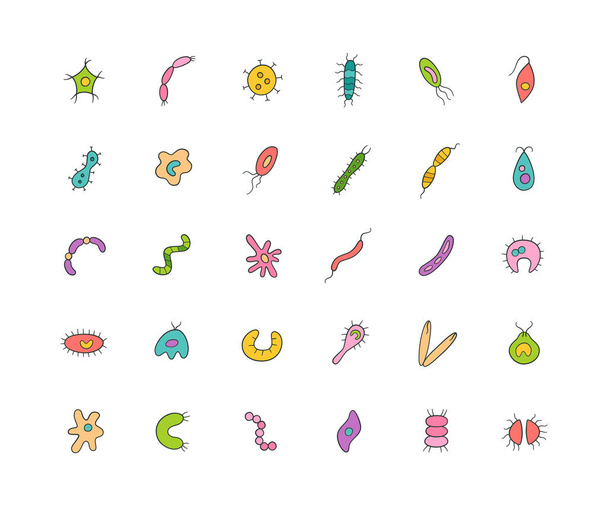 Microben, virus, bacteriën en pathogenen pictogrammen kleurrijke set. Verzameling van abstracte vectorkiemen - Vector, afbeelding