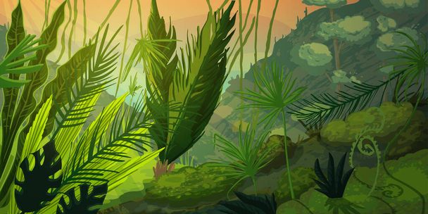 Дикий тропический пейзаж в туманном лесу с джунглями растений. Таинственные природные пейзажи на закате или восходе солнца. Векторная иллюстрация
 - Вектор,изображение