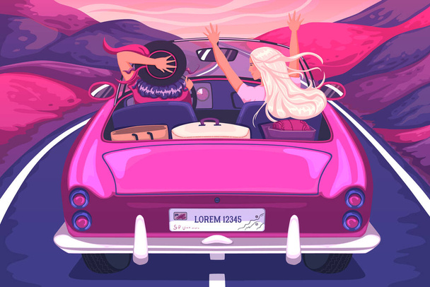 Happy young women travel by car. Girls laughing and enjoying with raised hands in car during a road trip. Vacation, holidays, travel, road trip concept. Vector illustration - Vector, Image