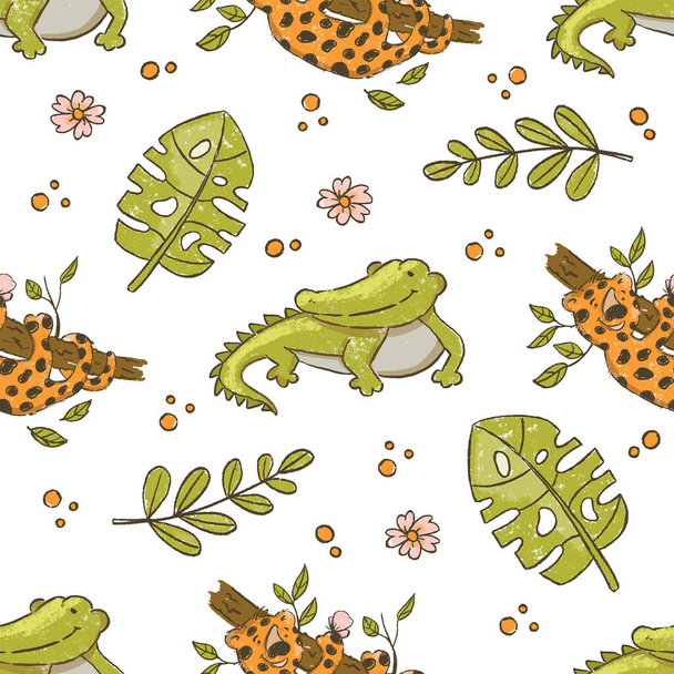 CROCODILE AND LEOPARD Cute Cartoon Tropical African Animals Hand Drawn Grunge Style Seamless Pattern Vector Illustration for Print Fabric and Digital Paper - Vector, imagen