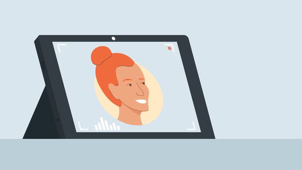 画面上の赤毛の笑顔の女の子の肖像画とビデオ会議プログラムを実行しているタブレットのベクトルカラフルなイラスト。それは家、オンライン会議、ビデオ会議からの仕事の概念を表しています - ベクター画像