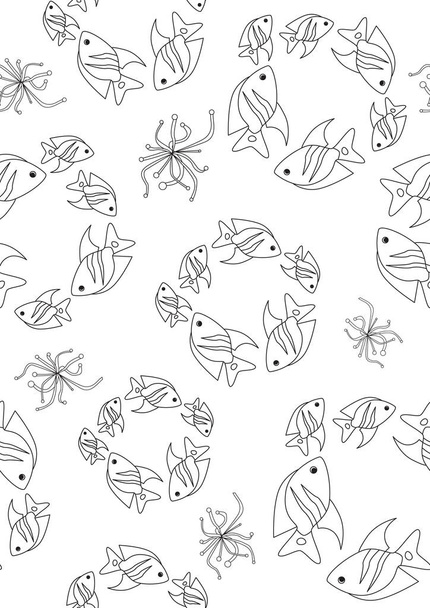 Naadloos patroon of kleurplaat met schattige visjes met details op een witte achtergrond. Overzicht vector voorraad illustratie of willekeurig patroon met school van vissen voor anti-stress therapie volwassenen - Vector, afbeelding
