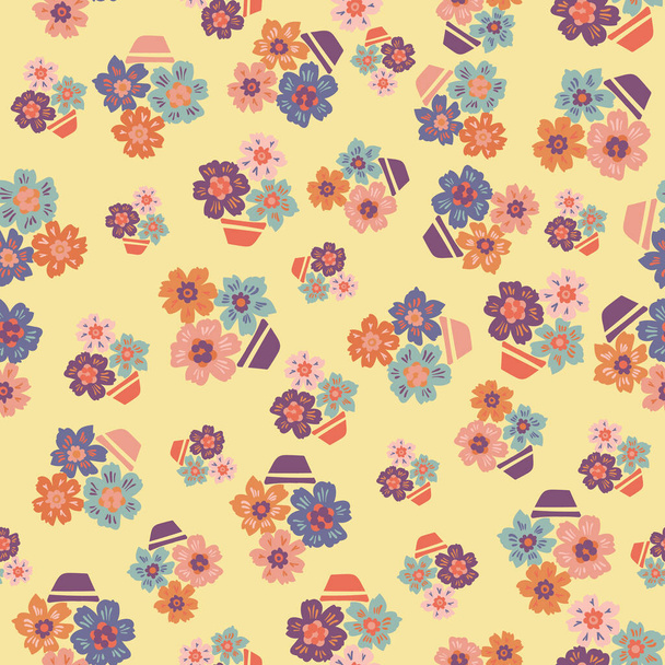 potted flowers seamless vector pattern on yellow - Vector, Image
