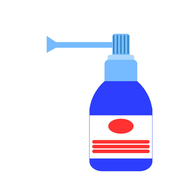 Classic blue medicine bottle isolated. White label. Flat style. Throat spray. Pharmacy and health care. Medication, pharmaceutical concept. Antibiotic therapy. Pneumonia and coronavirus treatment - Vector, Image