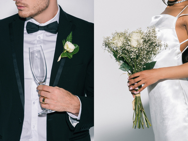 collage of bridegroom holding champagne glass, and african american bride with wedding bouquet on white background, cropped view - Foto, Imagen