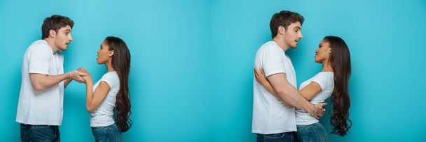 collage di giovane uomo che si tiene per mano della fidanzata afro-americana e la abbraccia su sfondo blu
 - Foto, immagini