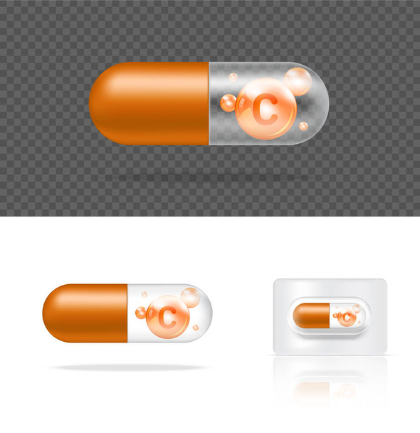 Mock up Realistische Transparante Pil Vitamine C Medicijn Capsule Panel op witte achtergrond Vector Illustratie. Tabletten Medische en Gezondheidszorg Concept. - Vector, afbeelding