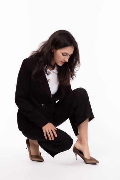 Businesswoman wear high heel shoes. Portrait of successful young businesswomen. Attractive business female ready to go out for interview job. She wear suit and shirt. isolated on white background - Φωτογραφία, εικόνα