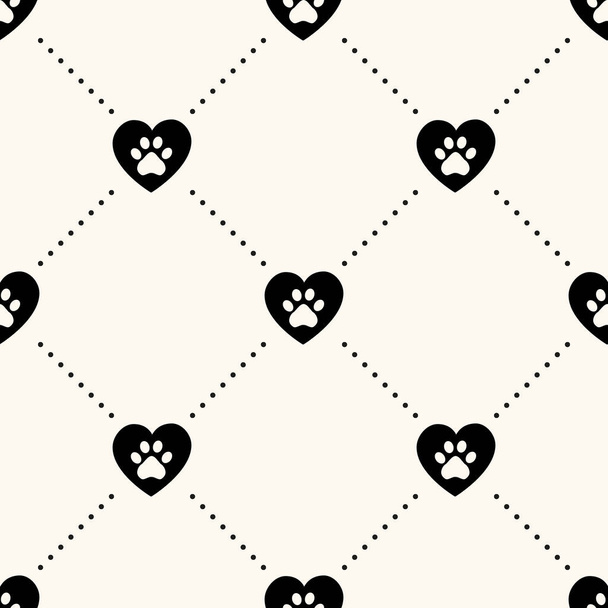 Seamless vector pattern with pet footprints in hearts and polka dot. Paw prints on my heart. Illustration of animal lover or pet care. - Vector, Image