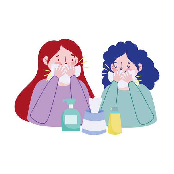 Mujeres con caja de tejidos fríos y botellas de jabón diseño vectorial
 - Vector, imagen