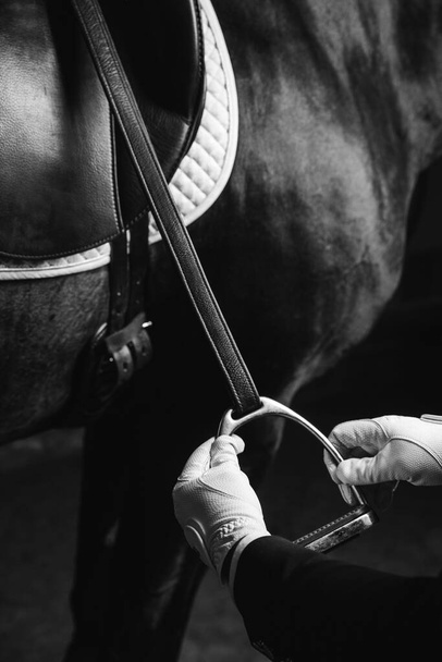 Jockey sela o cavalo puro-sangue para o curativo ou corrida equestre. Close-up de mãos em estribo. Nobre estética, código de vestimenta, equipamento profissional, competição e conceito de emoção
 - Foto, Imagem