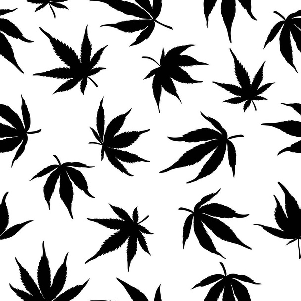Naadloos patroon van zwarte hennepbladeren op een witte achtergrond. Marihuana patroon. Vectorillustratie. - Vector, afbeelding