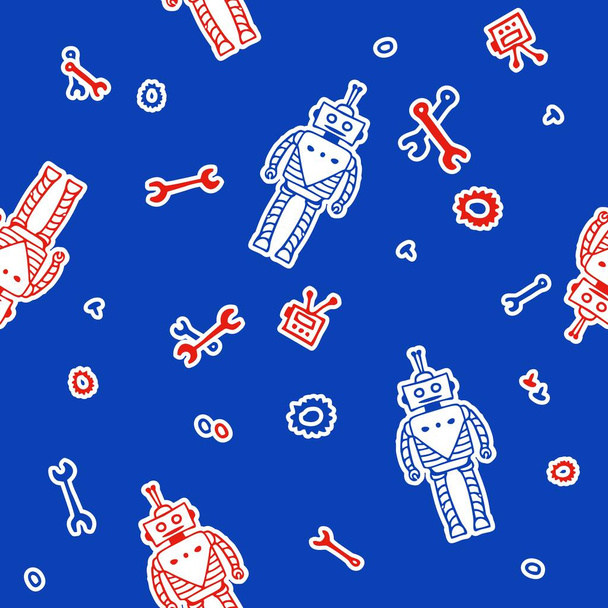Fun Robot Seamless Pattern. Ilustración para niños, niños y niños. Colores combinados de azul, rojo y blanco. Textura o fondo para portada, textil, ropa, papel tapiz y más.. - Vector, imagen