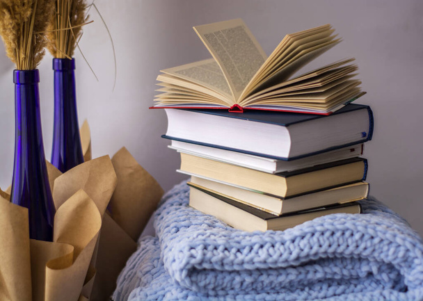 Home cozy place work and study. Stack of books on blue knitted plaid. - Foto, Imagem