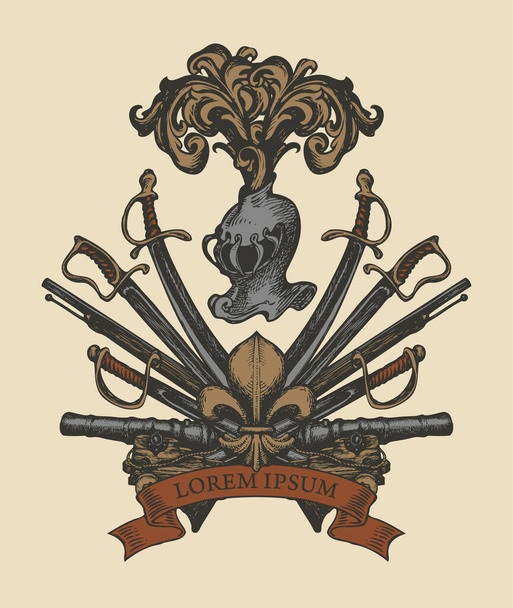 Vektor Wappen mit Ritterhelm, Speeren, Säbeln, Schwertern, Kanonen, Schleifen und Fleur de lis. Ein mittelalterliches Wappen, Emblem, Zeichen, Symbol. Handgezeichnete Illustration im Vintage-Stil - Vektor, Bild