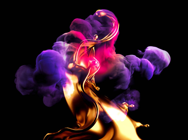 Splash of gold and smoke on a black background. 3d rendering, 3d illustration. - Fotó, kép