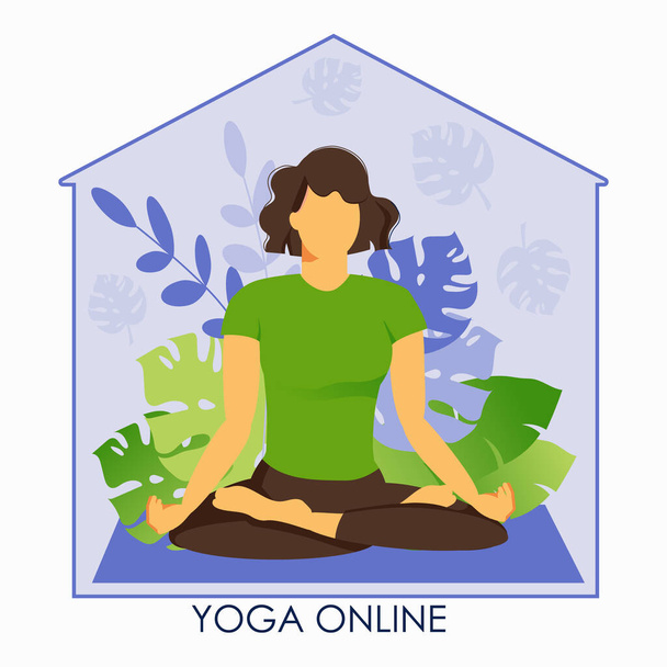The girl practices yoga at home. Remote sports on online lessons from the Internet. Social distance. Stay home during the coronavirus pandemic. Flat illustration isolated on a white background. - Vector, Image