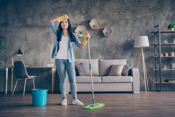 Full length body size view of her she nice attractive busy hardworking tired overwhelmed girl cleansing wooden floor cleanup in modern loft industrial house apartment indoors - Fotoğraf, Görsel