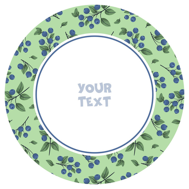 Round frame with blueberries on green background; for greeting cards, invitations, wedding cards, posters, banners, web design. - Vector, imagen