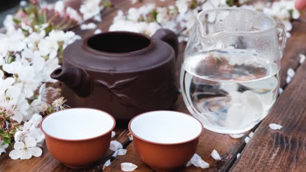 Китайська чайна церемонія композиції на дерев'яному тлі з вишневим листям. - Кадри, відео