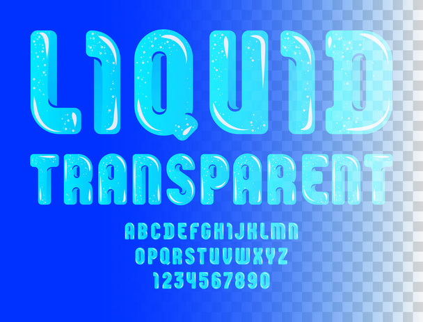 Aqua γυαλιστερή γραμματοσειρά, χαριτωμένο αλφάβητο στο στυλ κινουμένων σχεδίων, μπλε διαφανή στρογγυλεμένα γράμματα από το Α στο Ω και τους αριθμούς από 0 έως 9 του καθαρού νερού για τα σχέδιά σας, διανυσματική απεικόνιση 10EPS - Διάνυσμα, εικόνα