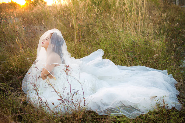 beautiful bride in white dress and veil posing in the forest - 写真・画像