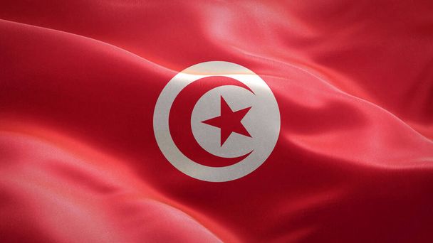 Σημαία της Τυνησίας κυματίζει στον άνεμο. Σχεδιασμός τρισδιάστατης κυματιστή σημαίας. Το εθνικό σύμβολο της Τυνησίας, 3D απόδοση. - Φωτογραφία, εικόνα