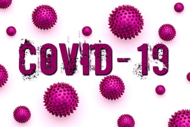 Iscrizione COVID-19 su sfondo bianco. La malattia di Coronavirus 2019 è una malattia infettiva causata dalla sindrome respiratoria acuta grave (SARS-CoV-2). Modello astratto di ceppo virale viola di MERS-Cov
 - Foto, immagini