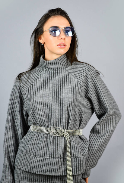 Casual style for every day. Knitwear concept. Feel comfortable. Woman wear grey suit blouse and pants. Shop Your Style. Fashionable knitwear. Designed for your comfort. Warm comfortable clothes - Photo, image