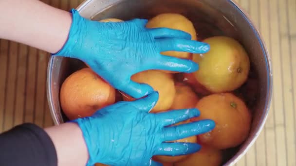 Vrouw met blauwe latex handschoenen wassen sinaasappels met water en bleekmiddel in een grote pot. Desinfecteren van de vrucht om de verspreiding van het coronavirus te voorkomen. - Video