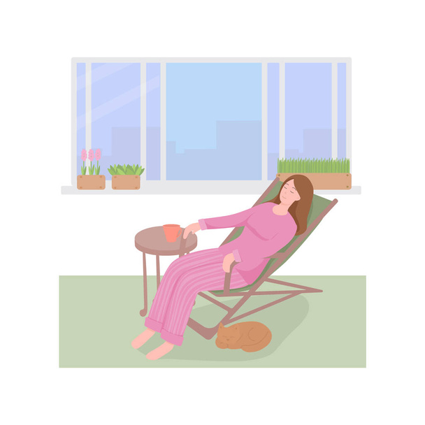 Az erkélyen egy nő pihen egy székben. Egy lány otthoni ruhában, pizsamában egy hintaszéken otthon, az ablak mellett..  - Vektor, kép