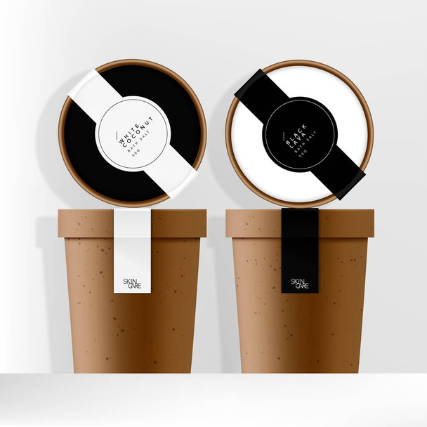 Vector gerecycled kraftpapier pot of bekerverpakking met minimaal ontworpen zwart-wit etiketten - Vector, afbeelding