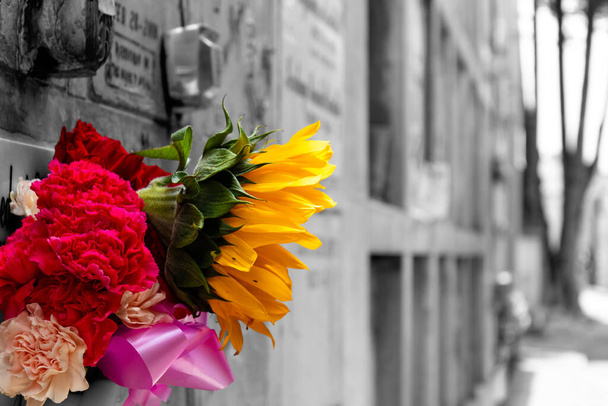 Sunflower with roses and pink ribbon bouquet in vertical graves into a cemetery. Black and white color photography with blur effect - Photo, Image