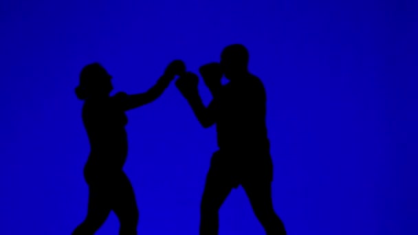 Siluetas de hombre y mujer en guantes de boxeo durante un entrenamiento
 - Metraje, vídeo