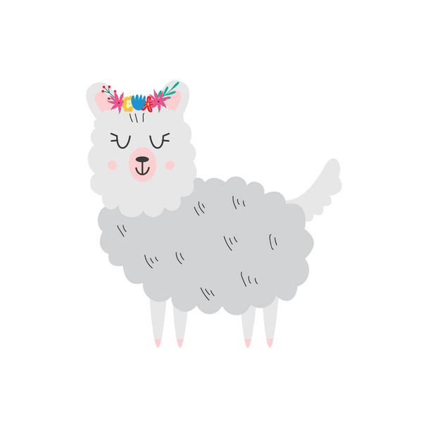 Cute cartoon llama with flower crown smiling with eyes closed - ベクター画像