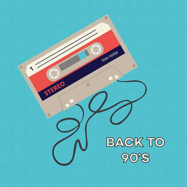 Back to 90s - retro poster template with unrolled audio cassette tape - Vector, Image