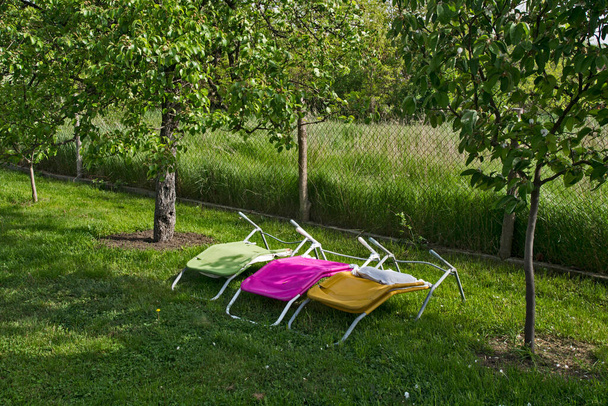 Tre sedie a sdraio in tela nel bel cortile stanno aspettando che il sole irrompa verso di loro
. - Foto, immagini